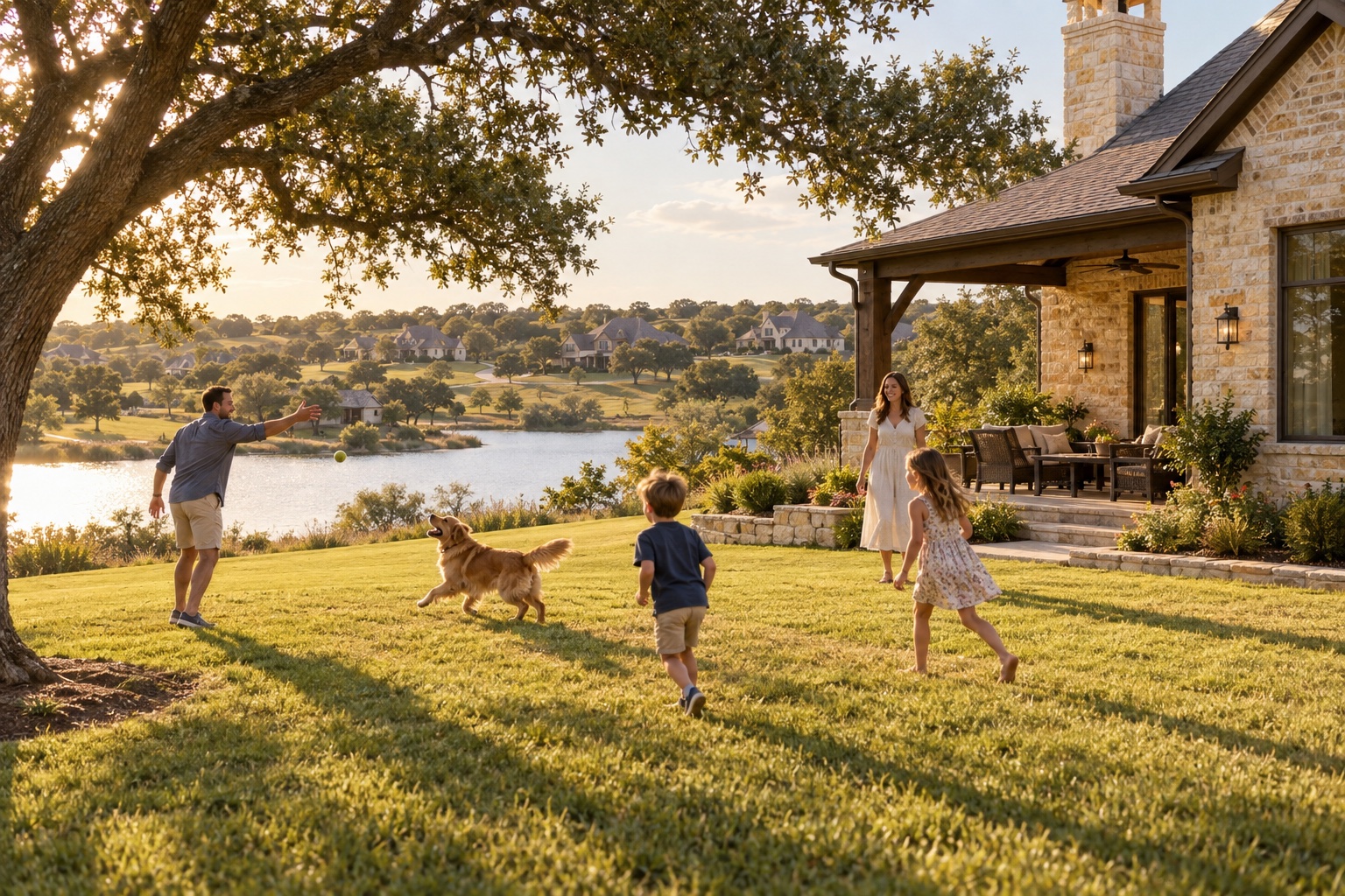 Family playing outside by a lake