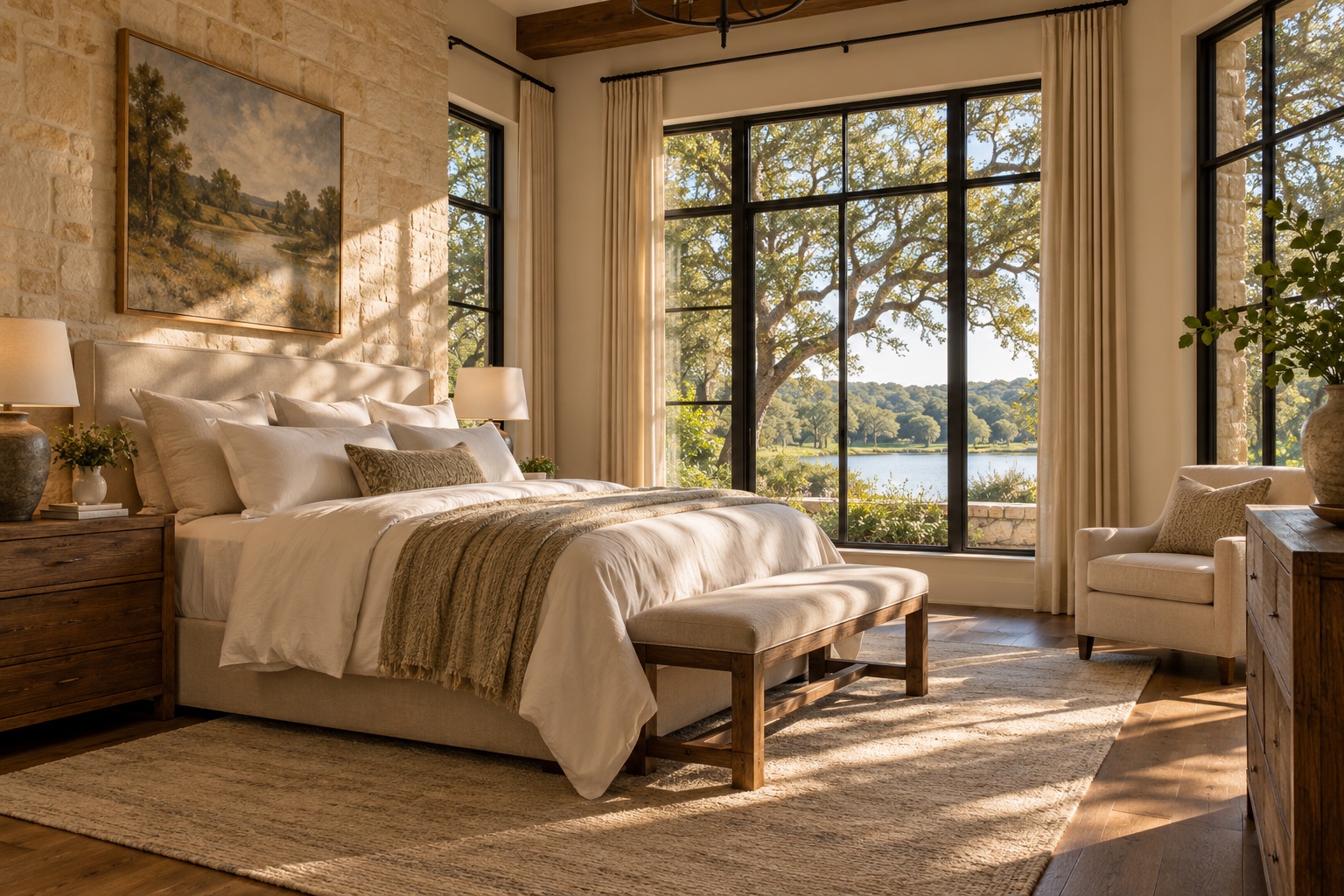Sunlit bedroom with natural textures