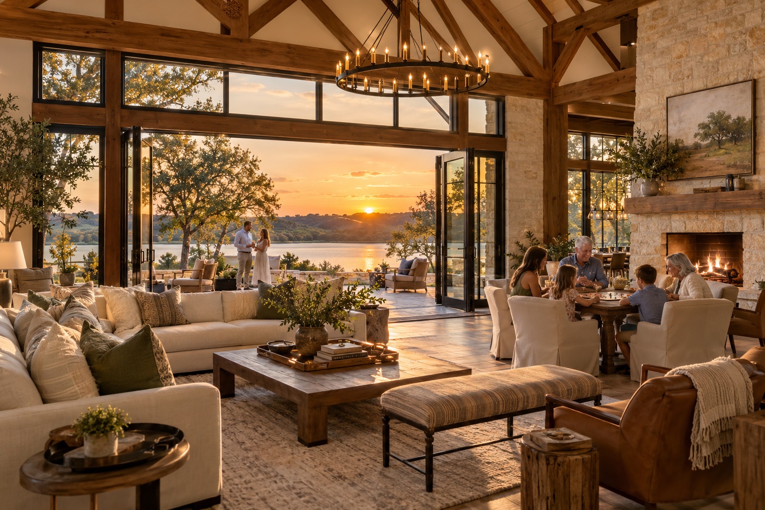 Lakehouse lounge with stone fireplace