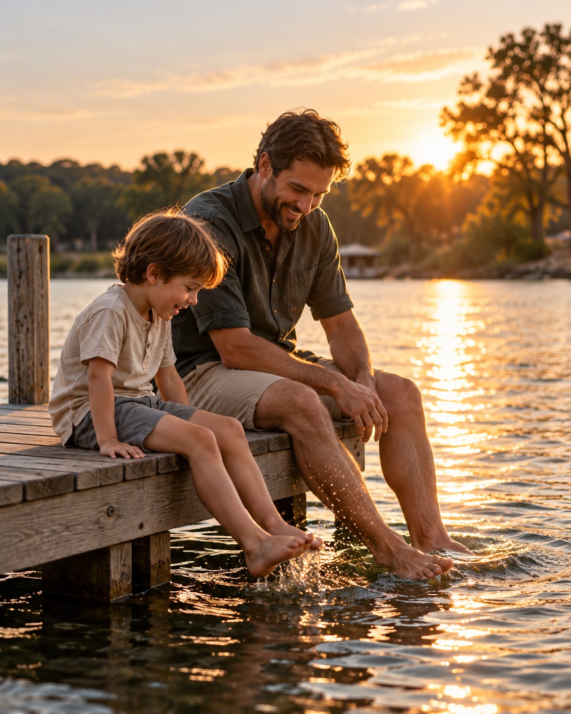 Father and daughter sharing a quiet moment on the dock