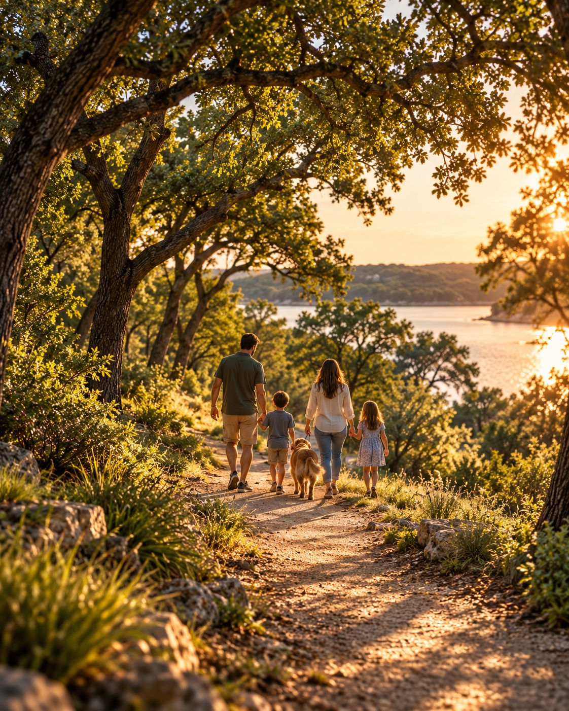 A family following a shaded oak path toward the lake